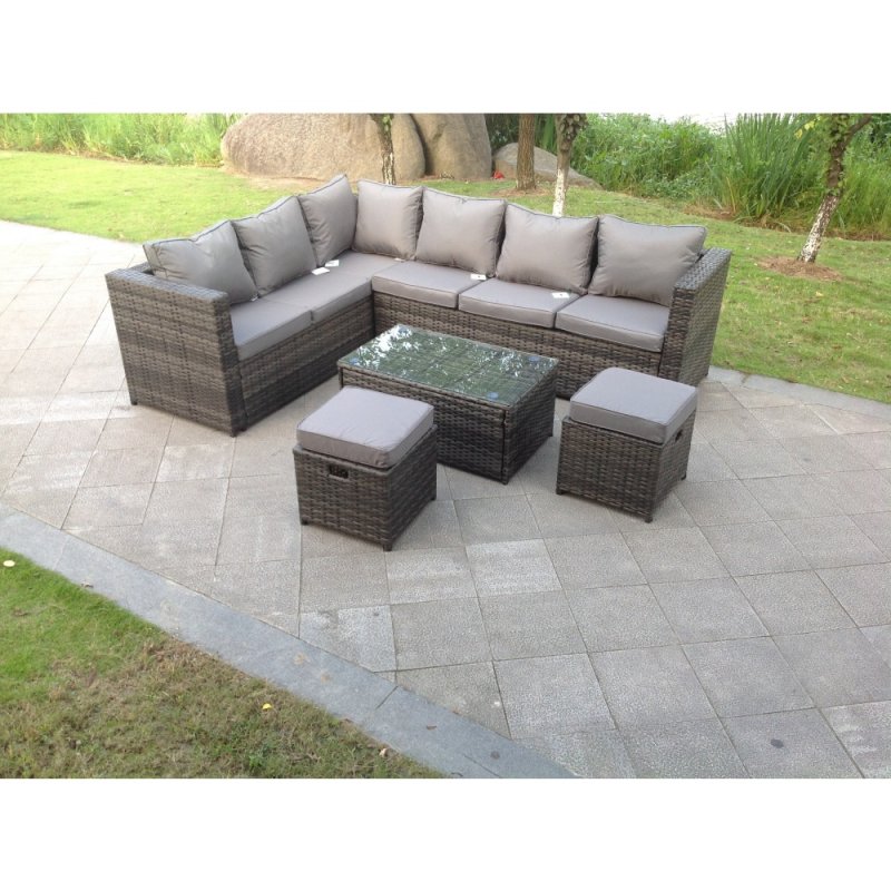 Fimous 8 Seater Grey Rattan Corner Sofa Set Coffee Oblong Coffee Table Outdoor Garden Furniture Patio