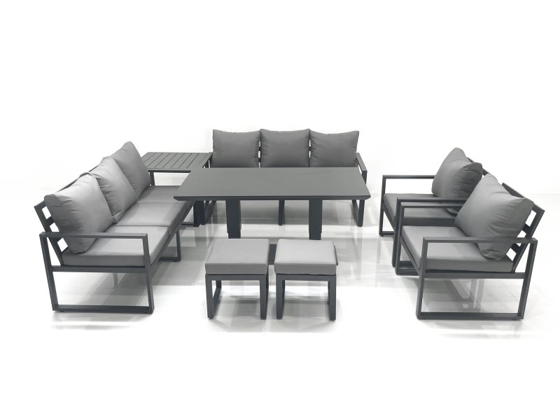 Fimous Garden Sofa Set Aluminium Furniture Rising Dining Tabe Set with 2 Chair 2 Small Footstools Side Table Dark Grey