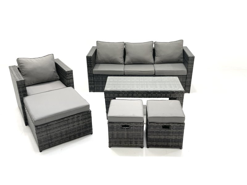 Fimous Rattan Garden Furniture Set Outdoor Lounger Sofa with Coffee Table Armchair 3 Footstools Dark Grey Mixed