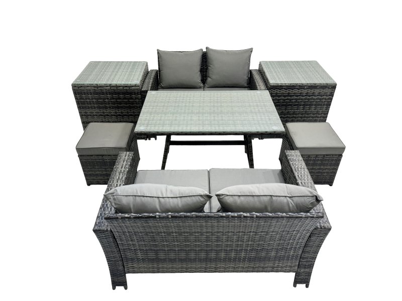 Fimous 6 Seater Wicker PE Rattan Furniture Outdoor Dining Table Double Seat Sofa 2 Small Stools 2 Side Table Set Dark Grey Mixed