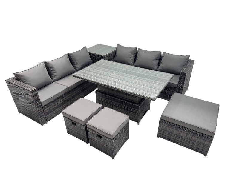Fimous 9 Seater Outdoor Corner Sofa Height Adjustable Rising Lifting Table Set Garden Rattan Furniture Set with 3 Stools Side Table Dark Grey