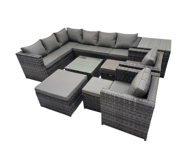 Fimous Rattan Garden Furniture Patio Furniture Sets with Corner Sofa Square Coffee Table 3 Footstools Side Table Dark Grey Mixed