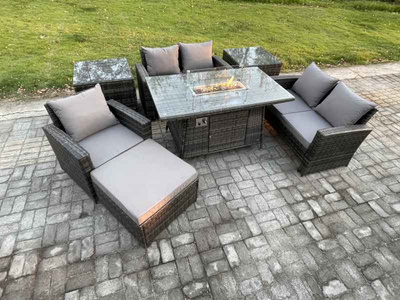Fimous Rattan Outdoor Garden Furniture Gas Fire Pit Table Sets Gas Heater with Love Sofa Armchair 2 Side Tables Big Footstool 6 Seater Dark Mixed Grey
