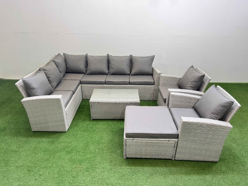 Fimous 9 Seater Garden Outdoor PE Rattan Furniture Set Rattan Garden Sofa Set with Big Footstool 2 Chair Light Grey Mixed