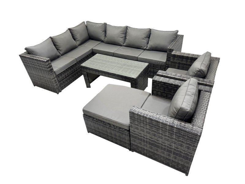 Fimous 6 Pieces Outdoor PE Rattan Garden Furniture Corner Sofa Oblong Coffee Table Set with Cushions Big Footstool Dark Grey Mixed