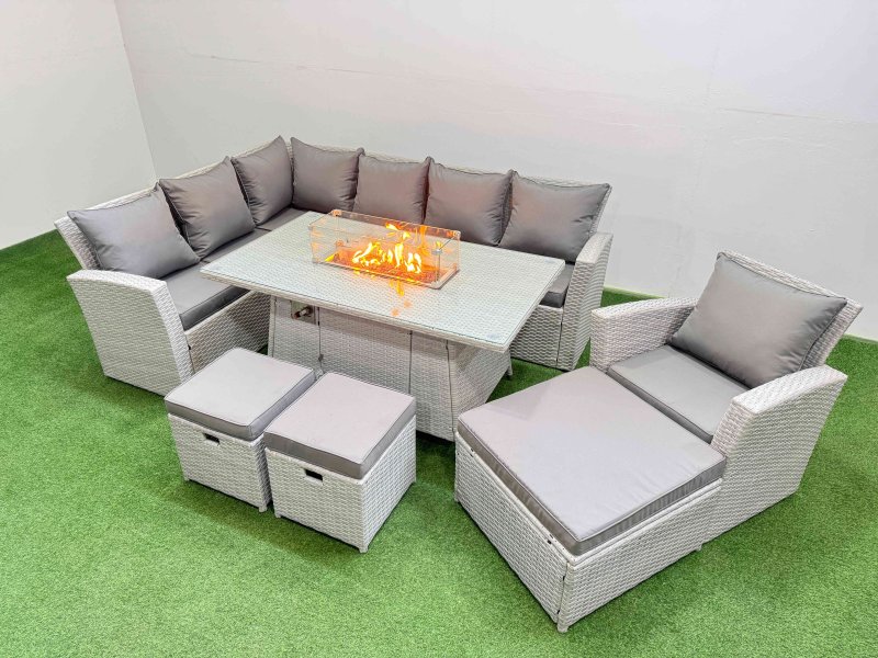 Fimous 10 Seat Rattan Garden Furniture Corner Sofa Set Outdoor Gas Fire Pit Table Sets with 3 Footstools Light Grey