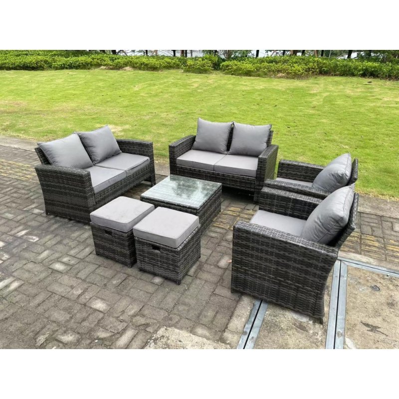 Fimous 8 Seater Dark Grey Mixed High Back Rattan Sofa Set Square Coffee Table Garden Furniture 2 Seater Sofa Chairs Outdoor Patio Stools