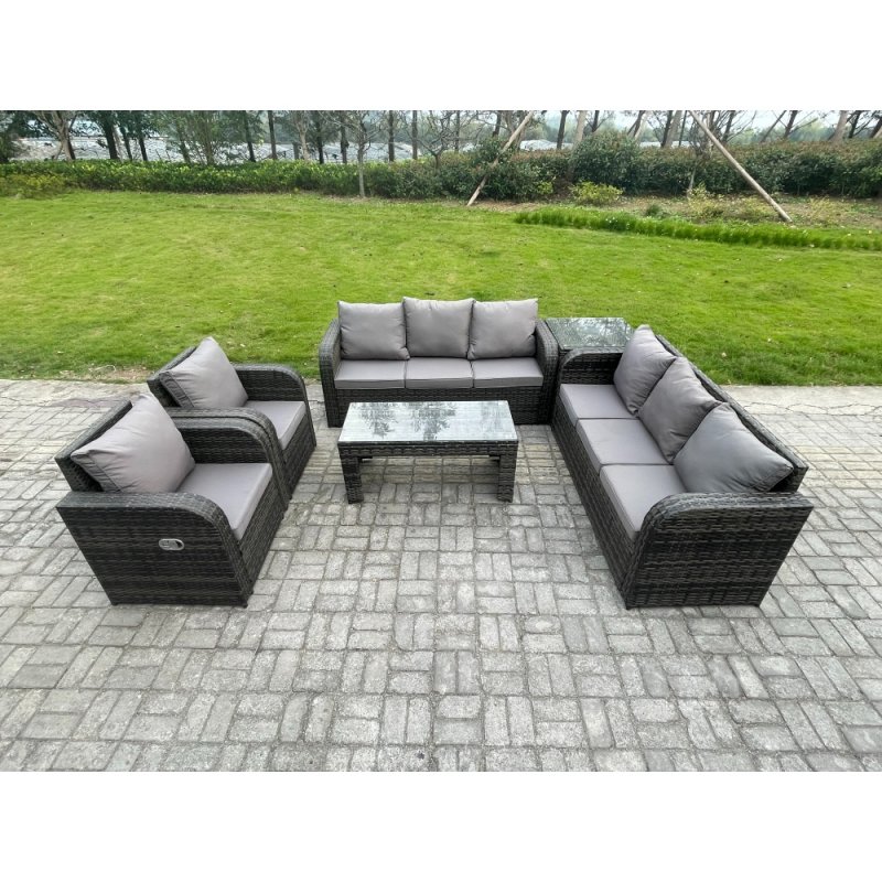 Fimous Wicker PE Rattan Sofa Set Outdoor Patio Garden Furniture with Reclining Chair Coffee Table Side Table Dark Grey Mixed