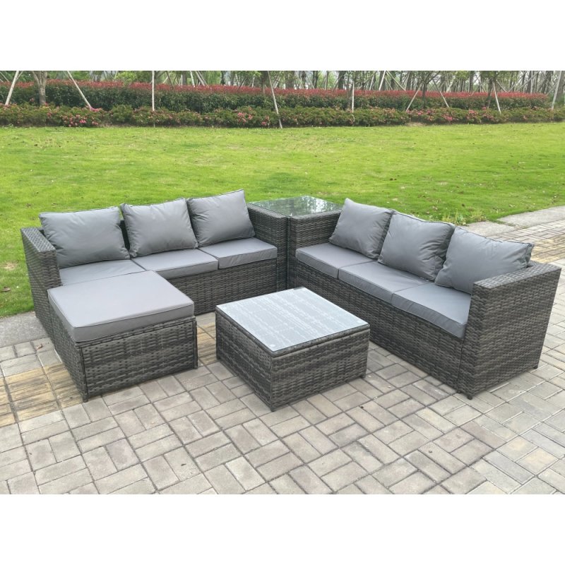 Fimous 7 Seater Dark Mixed Grey Rattan Corner Sofa Outdoor Garden Furniture With 2 Coffee Table Footstool