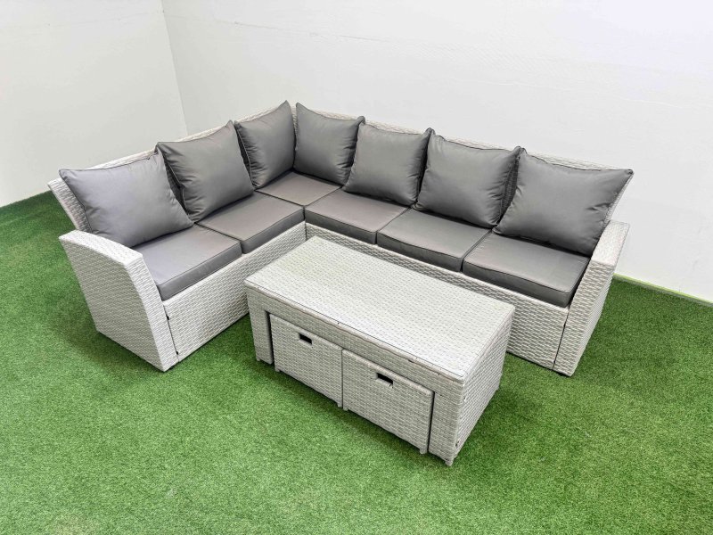 Fimous Rattan Garden Furniture Set Outdoor 8 Seater Corner Sofa Sets with Oblong Coffee Table 2 Small Footstools Light Grey Mixed