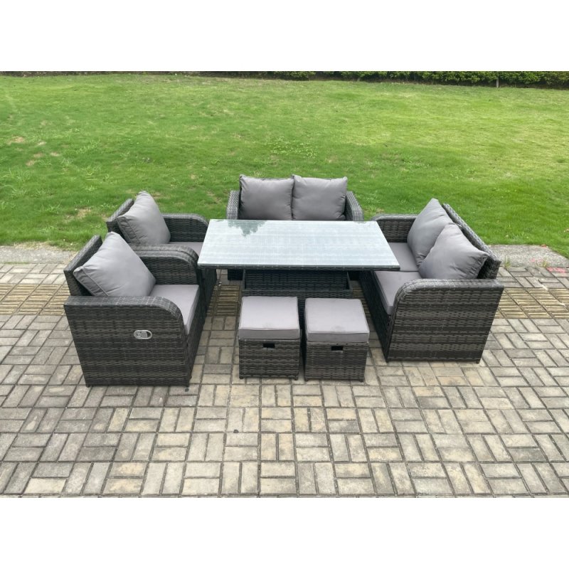 Fimous Wicker PE Rattan Furniture Garden Dining Set Outdoor Height Adjustable Rising lifting Table Love Sofa Chairs With Footstools