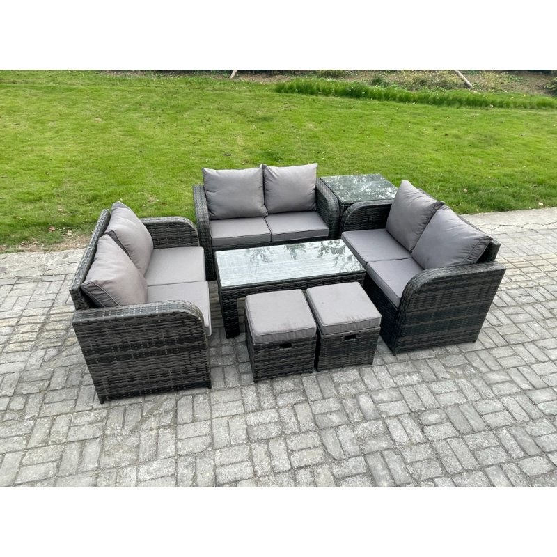Fimous 8 Seater Rattan Garden Furniture Set Indoor Outdoor Patio Sofa Set with Coffee Table Love seat Sofa Side Table 2 Small Footstools Dark Grey Mixed