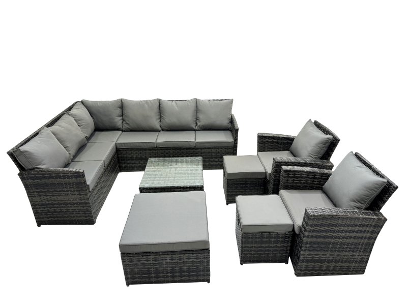 Fimous 11 Seat Poly Rattan Outdoor Patio Coffee Table Corner Sofa Set with 3 Stools 2 Chairs for Garden Backyard Dark Grey Mixed