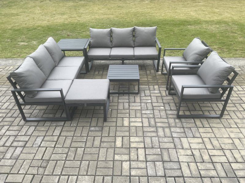 Fimous Aluminium Patio Outdoor Garden Furniture Lounge Sofa Set with Square Coffee Table 2 Chairs Big Footstool Side Table Dark Grey
