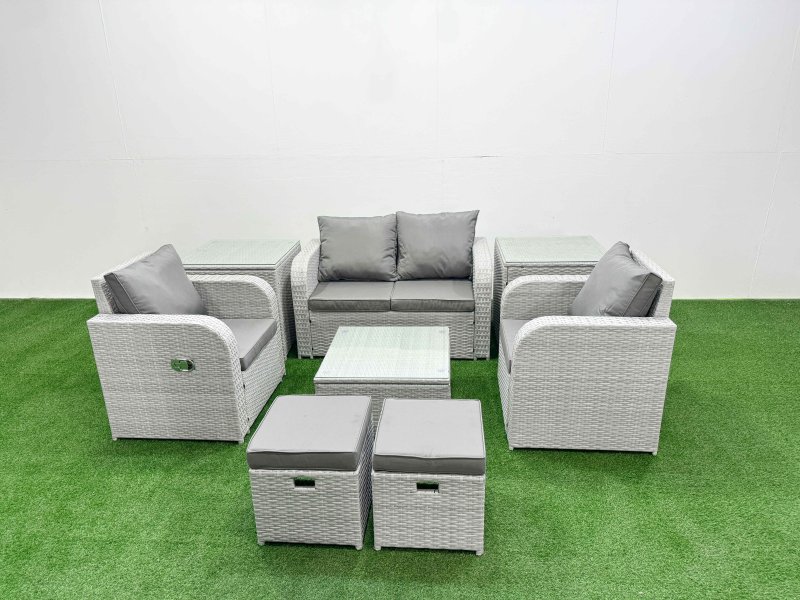 Fimous Light Grey PE Wicker Rattan Garden Furniture Set Sofa Set Reclining Adjustable Chair Square Coffee Table 6 Seater 2 Small Stools 2 Side Table