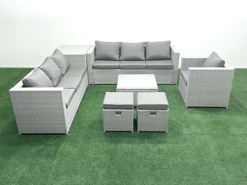 Fimous Wicker PE Rattan Sofa Garden Furniture Set with Armchair Square Coffee Table 2 Small Footstools Side Table Light Grey Mixed