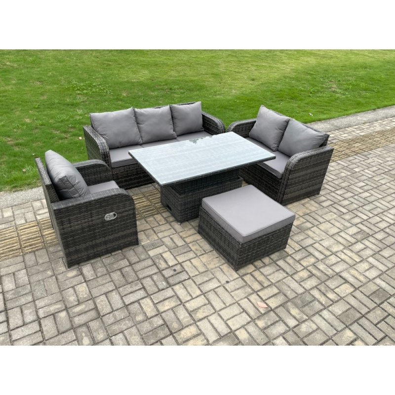 Fimous 7 Seater Outdoor Rattan Furniture Garden Dining Set Patio Height Adjustable Rising lifting Table with 3 Seater Sofa Reclining Chair Love Sofa Dark Grey Mixed