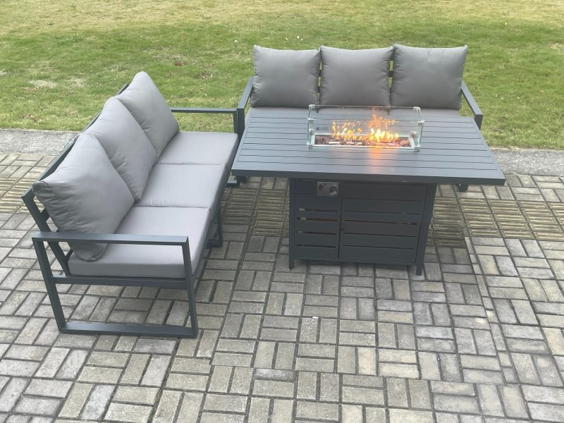Fimous Aluminium 6 Seater Outdoor Garden Furniture Lounge Sofa Set Gas Fire Pit Dining Table Sets Dark Grey