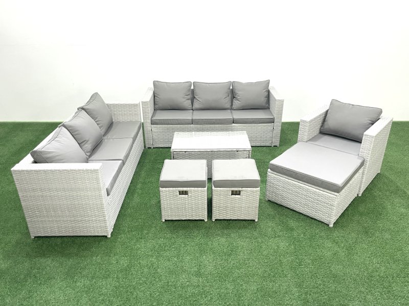 Fimous Wicker PE Rattan Sofa Garden Furniture Set with Armchair Oblong Coffee Table 3 Footstools Light Grey Mixed