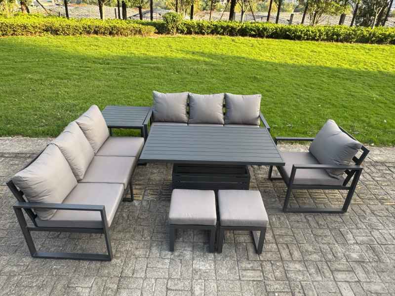 Fimous Aluminium Garden Furniture Sets,9 Seater Outdoor Sofa Dining Set with Adjustable Rising Lifting Dining Table 2 Small Footstools for Yard,Poolside, Patio, Dark Grey
