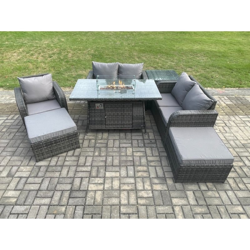 Fimous Outdoor Sofa Rattan Garden Furniture Set Patio Gas Fire Pit Dining Table and Reclining Chair set with Side Tables 2 Big Footstool Dark Grey Mixed