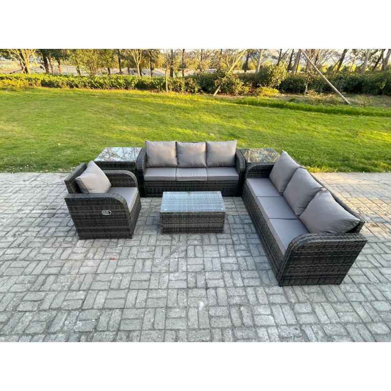 Fimous 7 Seater Rattan Outdoor Garden Furniture Sofa Set Patio Table & Chairs Set with 3 Seater Sofa Reclining Chair 3 Seater Sofa 2 Side Tables Dark Grey Mixed