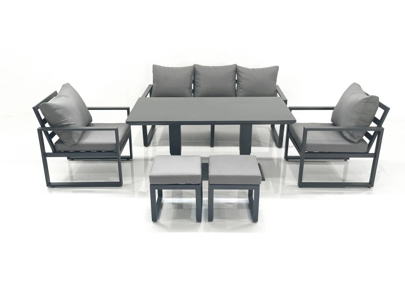 Fimous Outdoor Aluminium Garden Furniture Set with Adjustable Rising Lifting Dining Table 3 Seater Sofa 2 Chair 2 Small Footstools Dark Grey