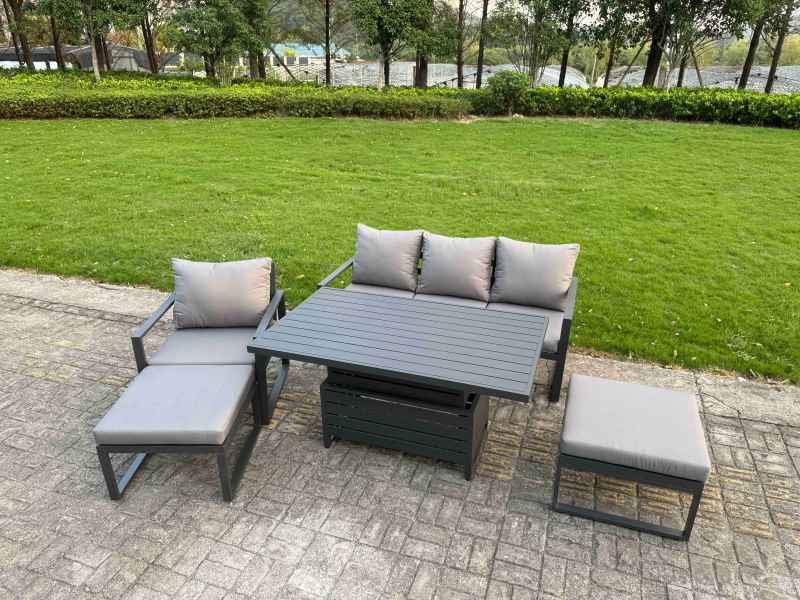 Fimous Aluminum Outdoor Dining Set Patio Dining Furniture Set Includes Adjustable Rising Lifting Dining Table Chairs with 3 Footstools 2 Side Tables