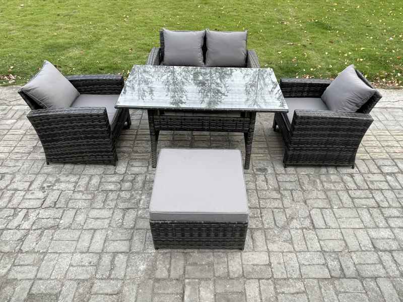 Fimous PE Wicker Outdoor Garden Furniture Set Patio Furniture Rattan Rectangular Dining Table Lounge Sofa with Big Footstool