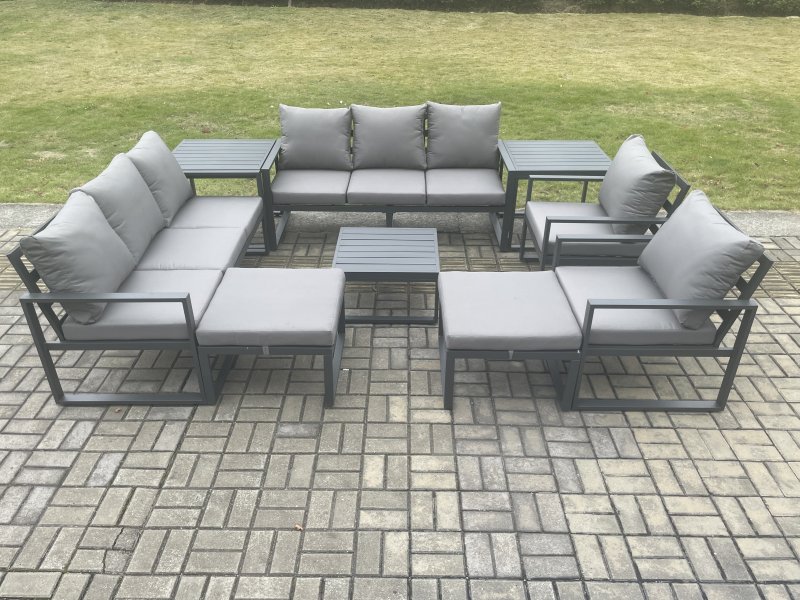 Fimous Aluminium Patio Outdoor Garden Furniture Lounge Sofa Set with Square Coffee Table 2 Chairs 2 Side Tables 2 Big Footstool Dark Grey