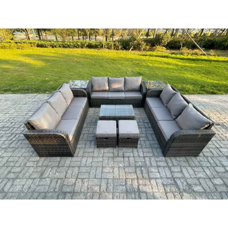 Fimous Rattan Lounge Sofa Set 11 Seater Outdoor Garden Furniture Set with Rectangular Coffee Table 3 Seater Sofa 2 Side Tables 2 Small Footstools Dark Grey Mixed