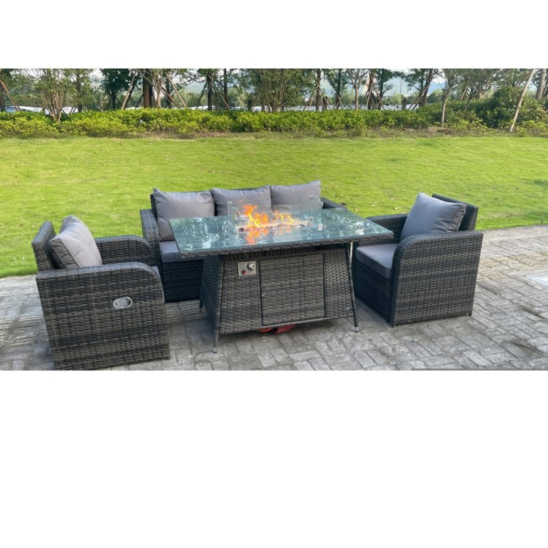 Fimous Dark Mixed Grey Rattan Outdoor Garden Furniture Gas Fire Pit Table Gas Heater Sets Lounge Sofa Reclining Adjustable Chairs 5 Seater