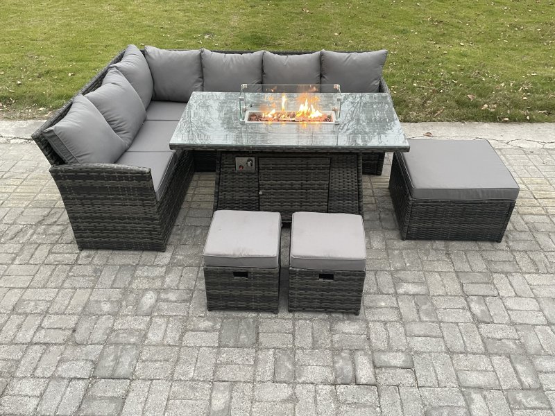 Fimous Rattan Garden Furniture High Back Corner Sofa Gas Fire Pit Dining Table Sets Gas Heater with 3 Footstools 9 Seater Dark Grey Mixed