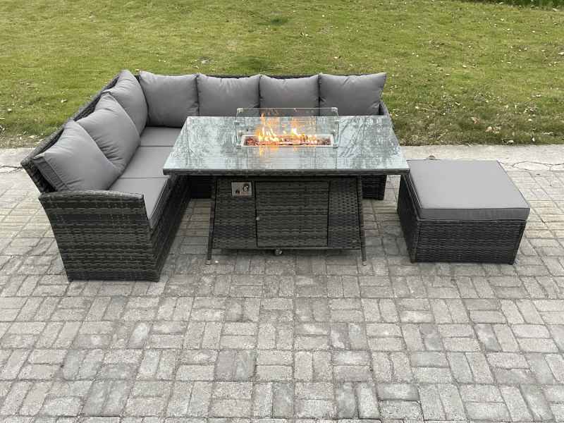 Fimous 7 Seater Rattan Garden Furniture Sets High Back Corner Sofa Fire Pit Dining Table Sets Gas Heater with Big Footstool Dark Grey Mixed