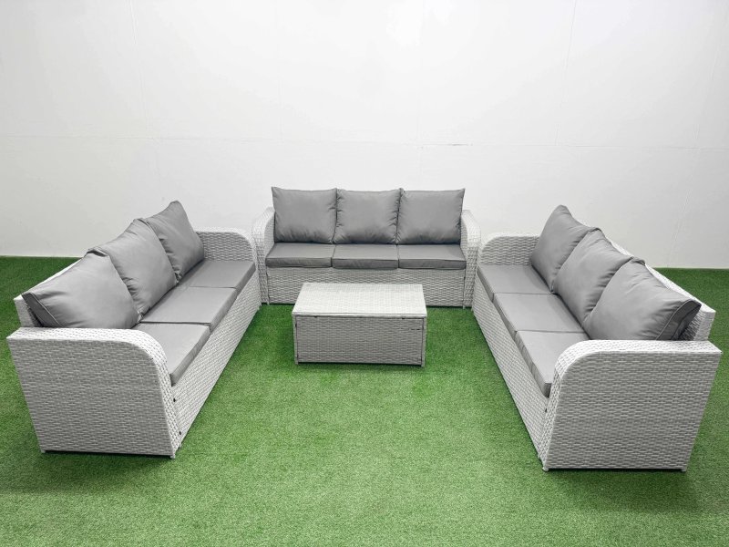 Fimous PE Rattan Lounge Sofa Set 9 Seater Outdoor Garden Furniture Set with Rectangular Coffee Table 3 Seater Sofa Light Grey