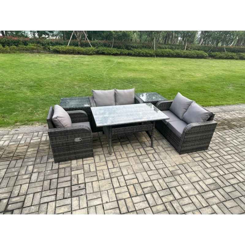 Fimous Lounge Rattan Sofa Set Outdoor Garden Furniture Oblong Rectangular Dining Table With Chairs 2 Side Tables Dark Grey Mixed