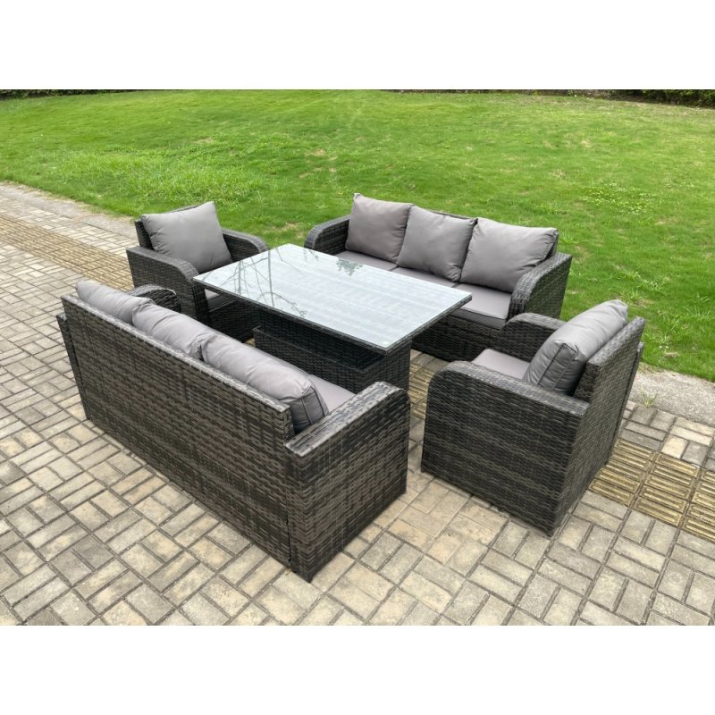 Fimous 8 Seater PE Rattan Outdoor Garden Furniture Sets Height Adjustable Rising lifting DiningTable Sofa Set with Reclining Chair Dark Grey Mixed