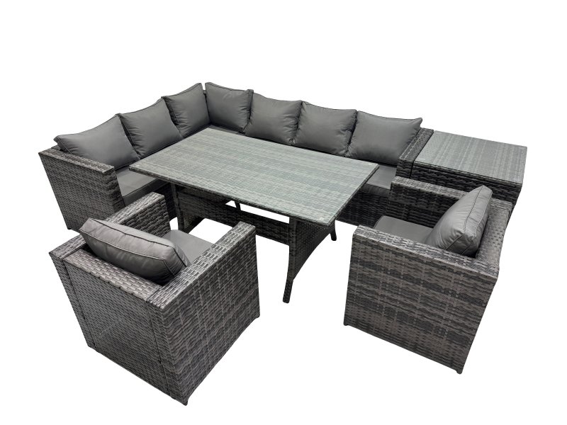 Fimous Outdoor PE Rattan Sofa Set with Dining Table Patio Garden Furniture Sets with Side Table Dark Grey Mixed