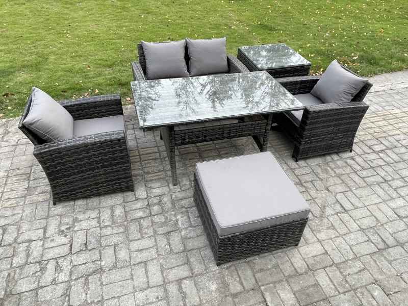 Fimous PE Wicker Outdoor Garden Furniture Set Patio Furniture Rattan Rectangular Dining Table Lounge Sofa with Big Footstool Side Table