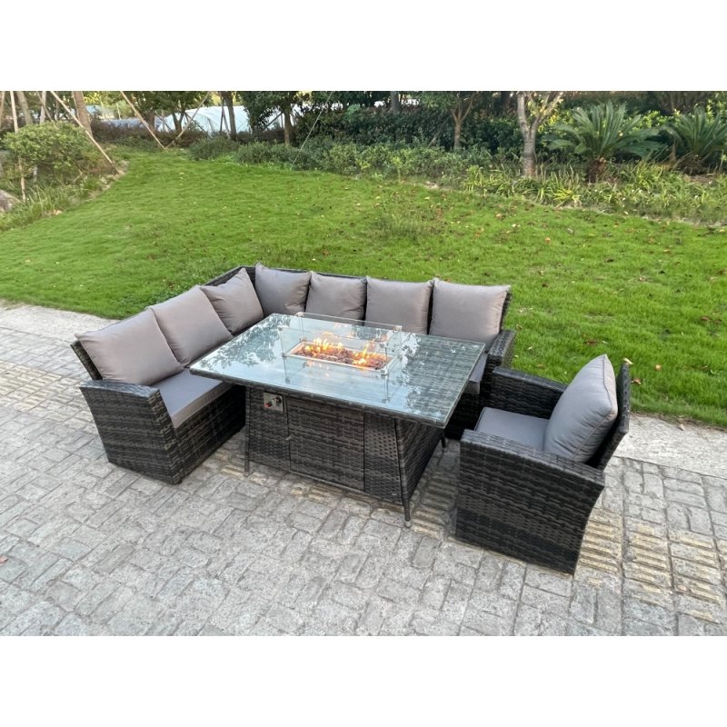 Fimous Outdoor Rattan Corner Sofa Garden Furniture High Back Sofa Set Gas Fire Pit Dining Table Gas Heater Burner Arm Chair 7 Seater