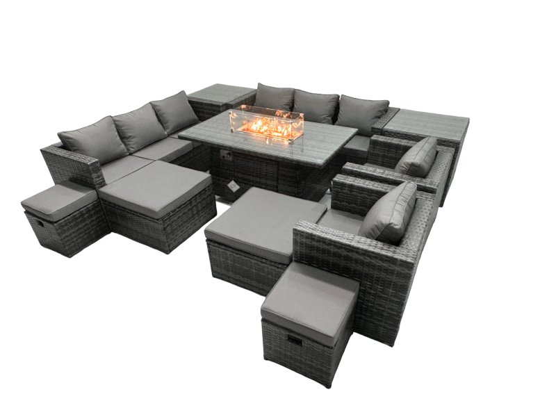 Fimous Rattan Garden Furniture Firepit Dining Set 12 Seater Lounge Sofa Table Set with 2 side table 2 big Footstool