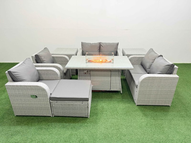 Fimous 7 Seater Outdoor Reclining Chair Love Sofa Set Rattan Garden Furniture Set with Firepit Dining Table Footstool 2 Side Tables Light Grey