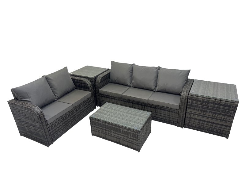 Fimous Outdoor Love Sofa 3 Seater Sofa Coffee Table Set Garden Rattan Furniture Set 5 Seater with 2 Side Tables Dark Grey