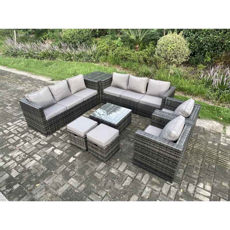 Fimous Rattan Garden Furniture Sofa Set with 2 Armchairs Square Coffee Table Side Table 2 Small Footstools Indoor Side Table 10 Seater Outdoor Rattan Set Dark Grey Mixed