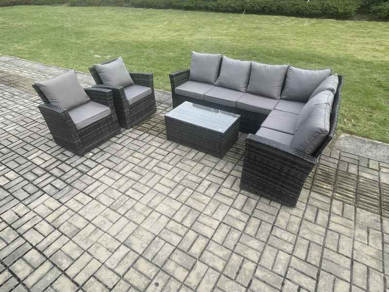 Fimous 8 Seater High Back Outdoor Garden Furniture Set Rattan Corner Sofa Set With Rectangular Coffee Table 2 Armchairs Dark Grey Mixed