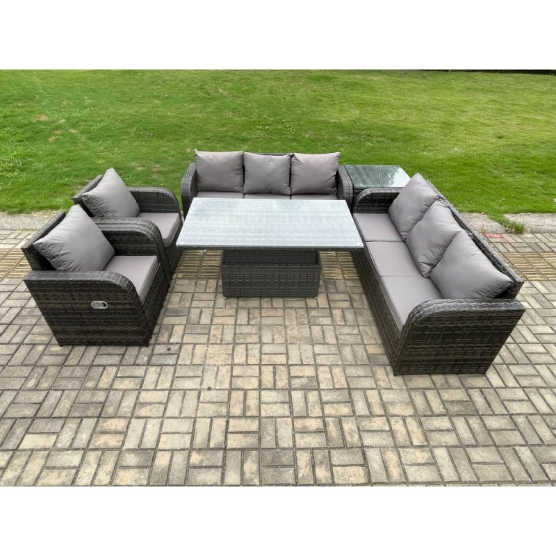 Fimous PE Rattan Outdoor Garden Furniture Sets Height Adjustable Rising lifting DiningTable Sofa Set with Reclining Chair Side Table Dark Grey Mixed
