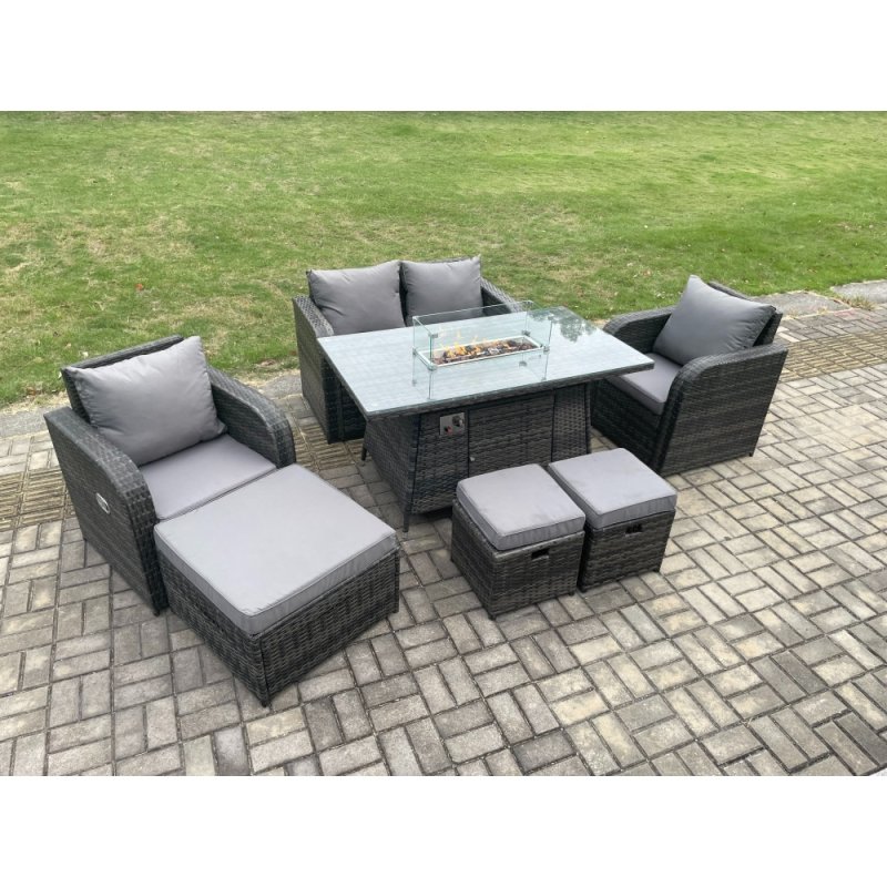 Fimous Rattan Garden Furniture Set Outdoor Patio Gas Fire Pit Dining Table and Chairs with Love seat Sofa 3 Footstools