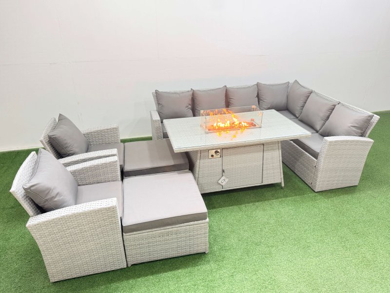 Fimous Outdoor Furniture Garden Dining Set Rattan Corner Sofa Chair Set Gas Fire Pit Table with Temper Glass Footstools 10 Seater Light Grey Mixed