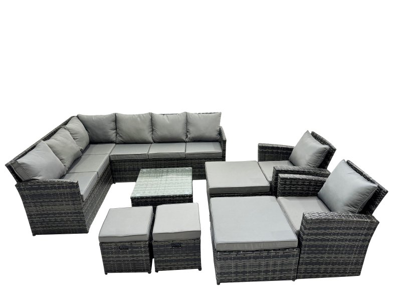Fimous 12 Seat Poly Rattan Outdoor Patio Coffee Table Corner Sofa Set with 4 Stools 2 Chairs for Garden Backyard Dark Grey Mixed