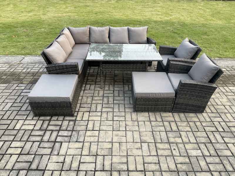 Fimous 10 Seater High Back Rattan Garden Furniture Set Corner Sofa With Rectangular Dining Table 2 Arm Chairs 2 Big Footstool